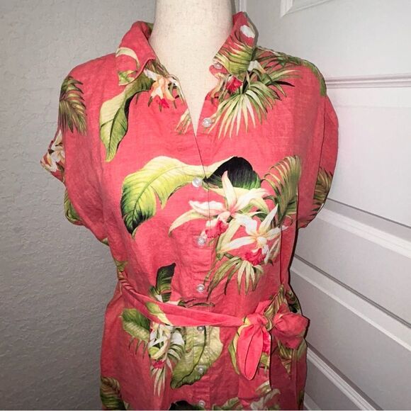 Tommy Bahama Tropical Floral Print Button Down Belted Linen Midi Dress - Picture 2 of 12